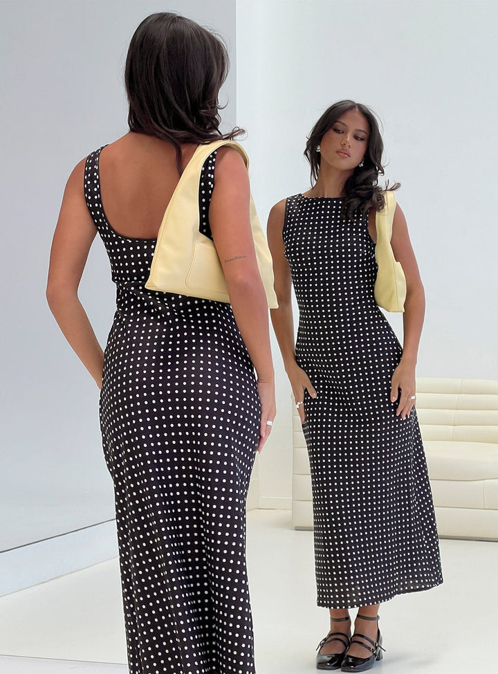 Women's Sleeveless Midi Dress with Polka Dots – Round Neck, Flowing Silhouette