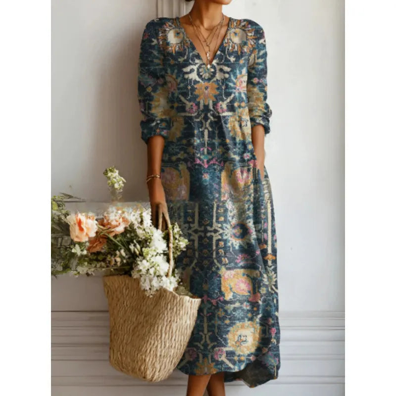 Bedrucktes Midikleid für Damen – Fließender Schnitt und V-Ausschnitt im Boho-Stil