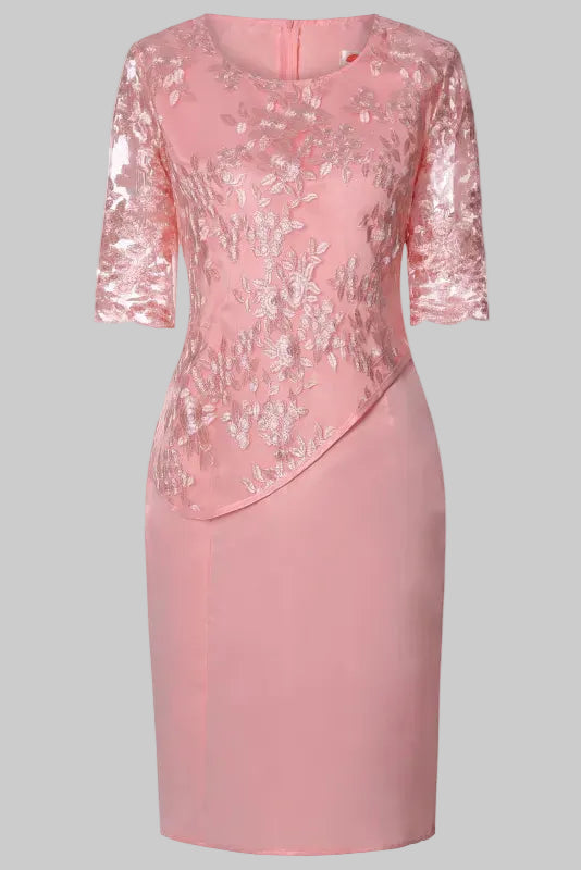 Robe Midi Femme à Broderie Florale – Manches en Dentelle Coupe Droite