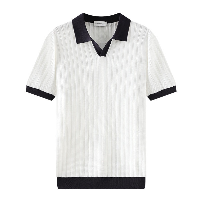 Polo da uomo in maglia coste – Collo a V con bordo a contrasto