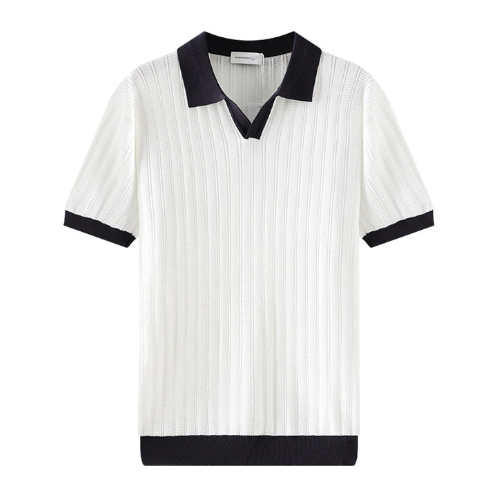 Polo da uomo in maglia coste – Collo a V con bordo a contrasto