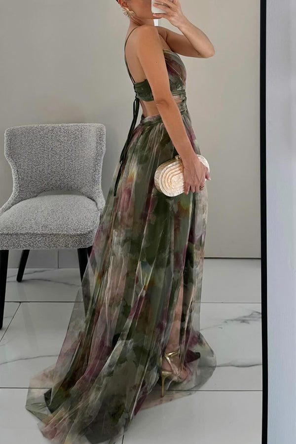 Abito maxi donna in mesh floreale – busto aderente gonna fluida