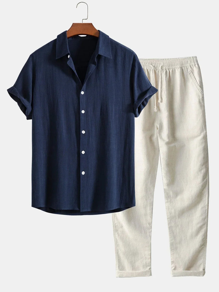 Completo Due Pezzi in Lino da Uomo – Camicia a Maniche Corte Pantaloni con Coulisse