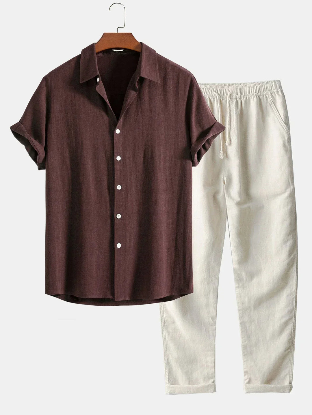 Completo Due Pezzi in Lino da Uomo – Camicia a Maniche Corte Pantaloni con Coulisse