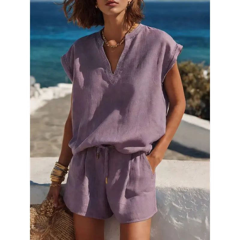 Completo Due Pezzi Donna con Maniche Corte e Scollo a V – Coordinato Corto Casual