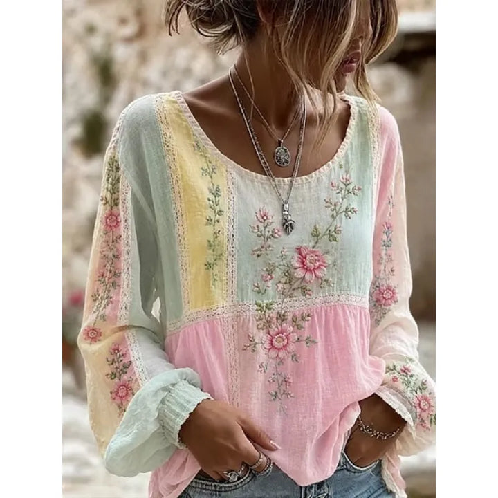 Damenbluse aus Leinenmischung – florale Stickerei, lockerer Schnitt