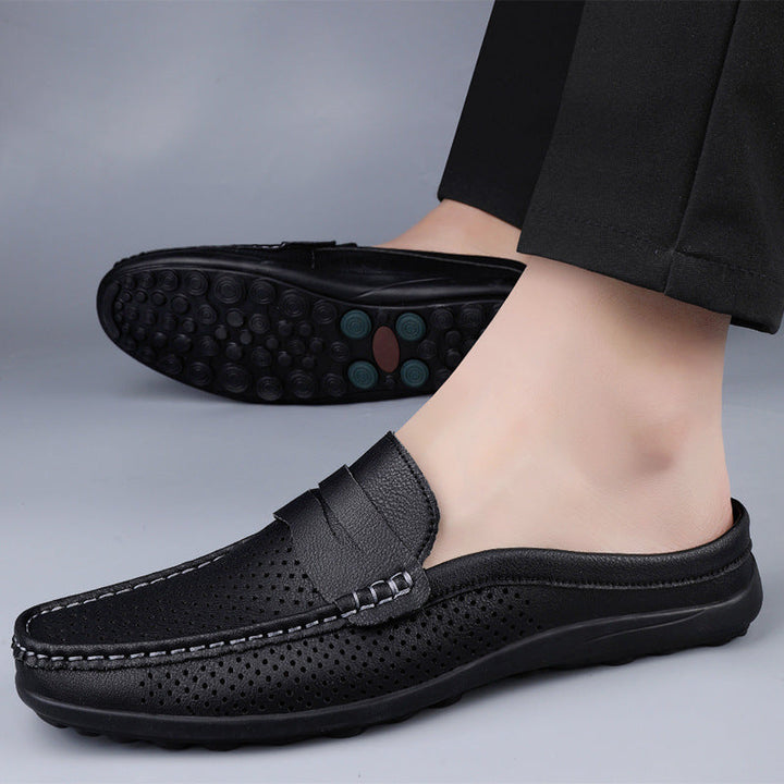 Herren Mokassins Mules Slip-On aus Perforiertem Leder – Offener Fersenbereich, Gummisohle