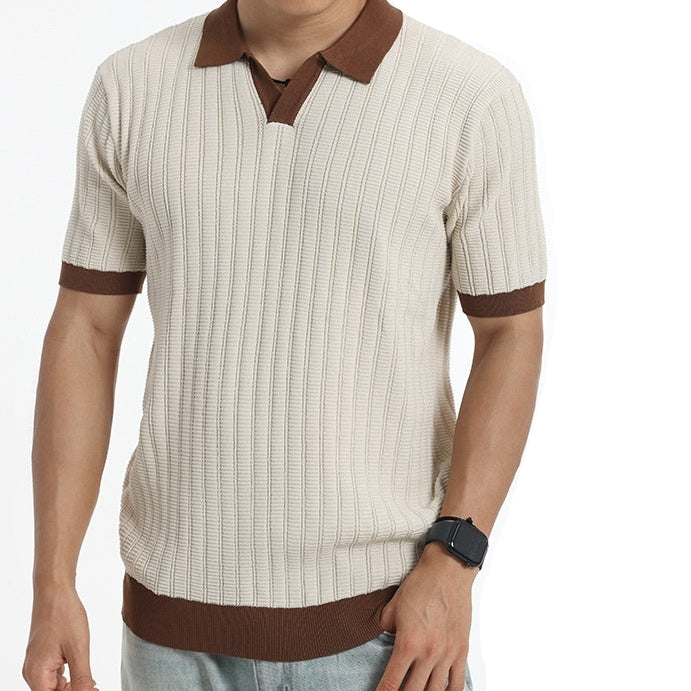 Polo da uomo in maglia coste – Collo a V con bordo a contrasto