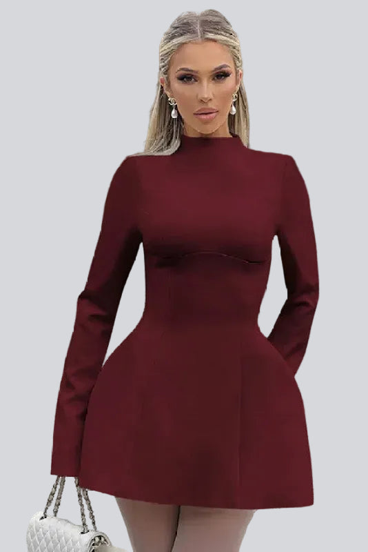 Damen-Minikleid in A-Linie mit langen Ärmeln – hohe Taille, rückenfrei