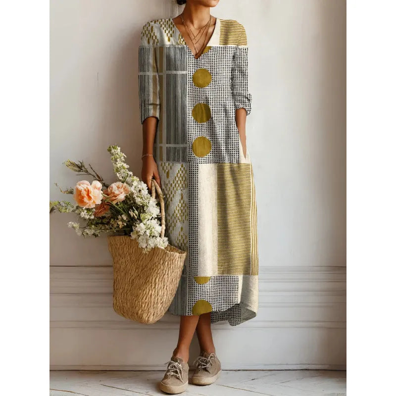 Bedrucktes Midikleid für Damen – Fließender Schnitt und V-Ausschnitt im Boho-Stil