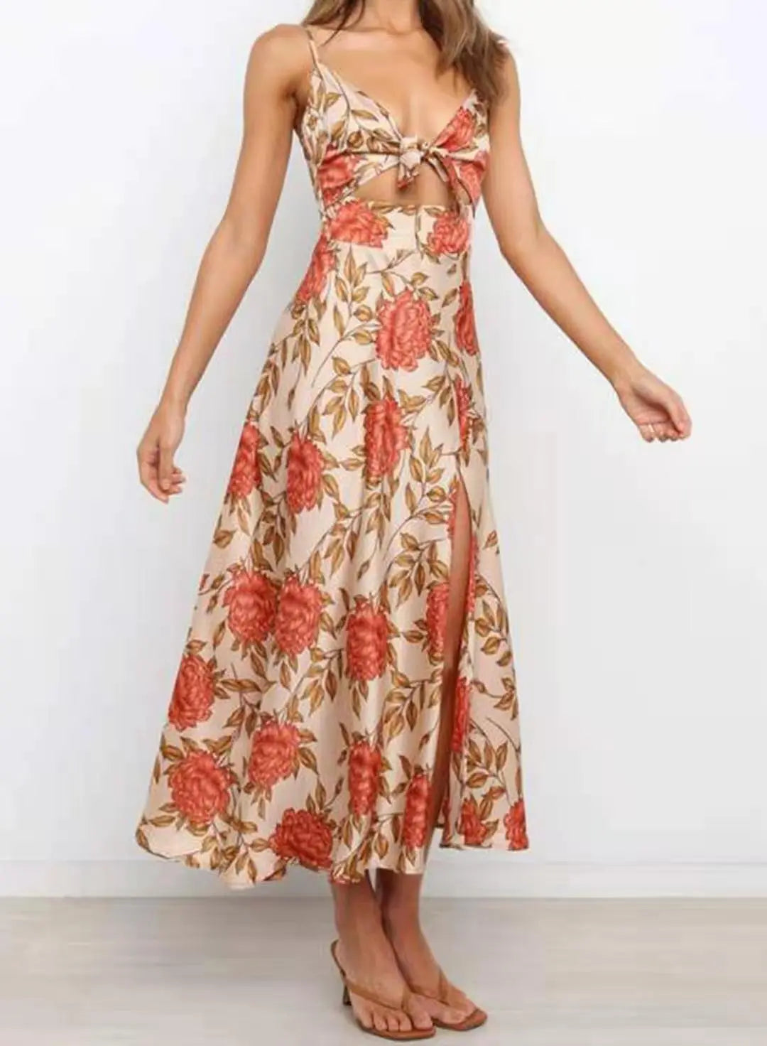 Abito midi donna floreale – scollo a V, nodo frontale e spalline regolabili