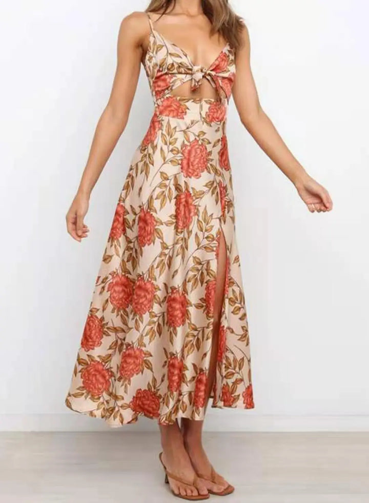 Abito midi donna floreale – scollo a V, nodo frontale e spalline regolabili