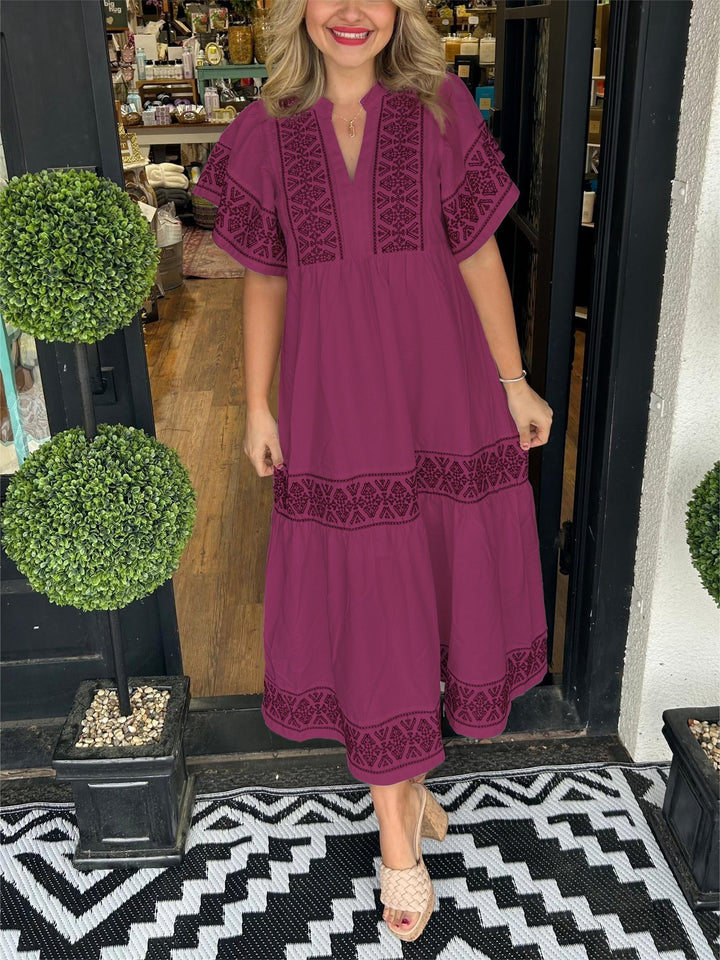 Boho-Midikleid für Damen aus Baumwolle – V-Ausschnitt mit bestickten Details