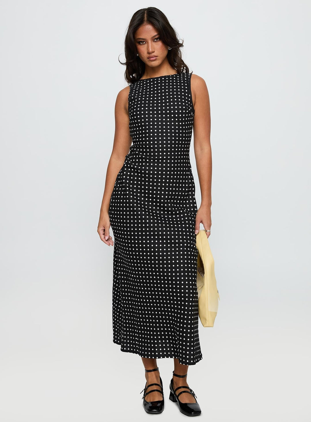Women's Sleeveless Midi Dress with Polka Dots – Round Neck, Flowing Silhouette