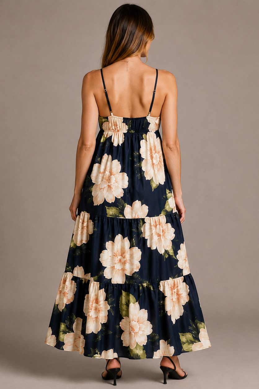Langes Umstandskleid für Damen mit Blumenmuster – V-Ausschnitt, Empire-Taille, gestufter Rock
