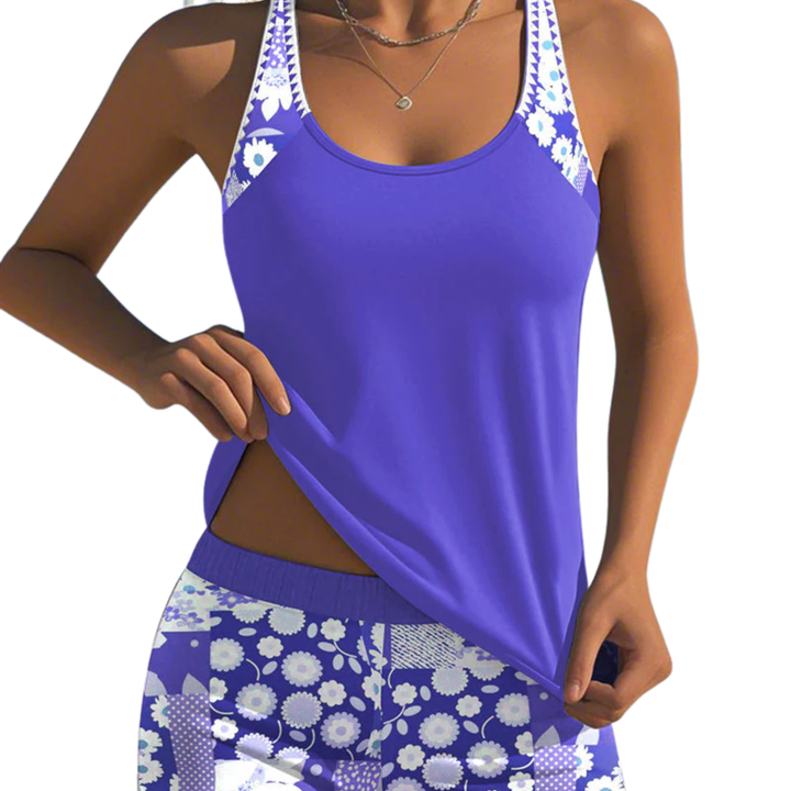 Tankini donna floreale – top collo tondo e pantaloncini da bagno a vita alta