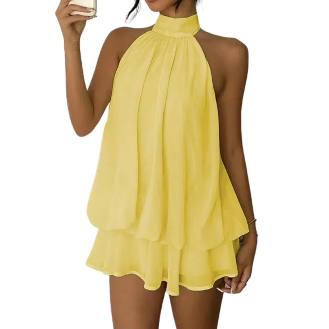Robe Mini Femme à Volants Étagés – Dos Nu Halter Trapèze