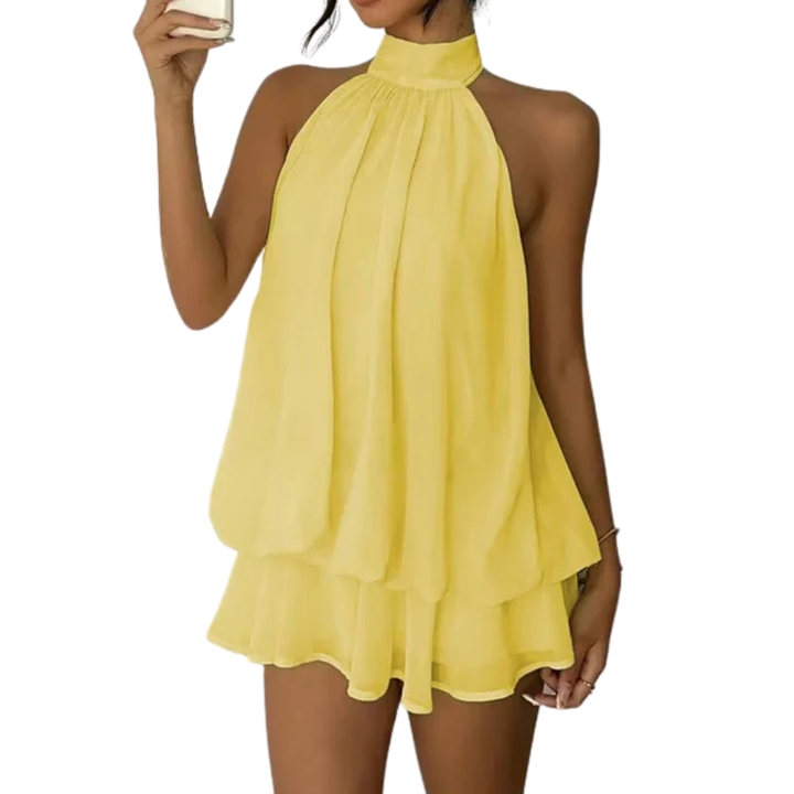 Robe Mini Femme à Volants Étagés – Dos Nu Halter Trapèze