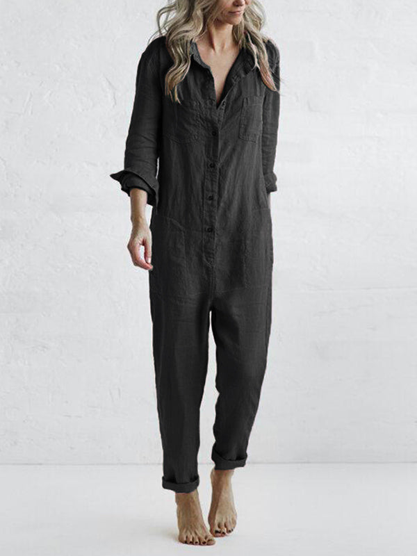 Dame Jumpsuit med Lange Ærmer – Knappet, Afslappet Pasform