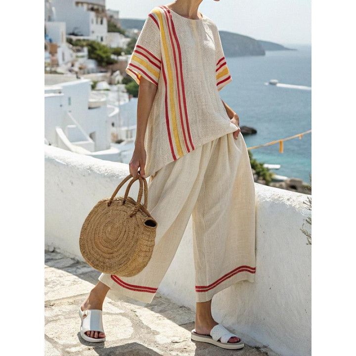 Claire Mode | Completo pantaloni donna due pezzi stampato in tessuto intrecciato