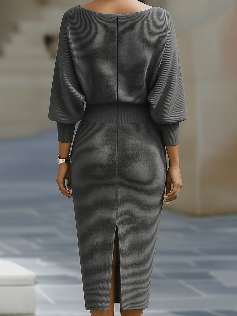 Midi-Strickkleid für Damen – Fledermausärmel, figurbetonter Schnitt