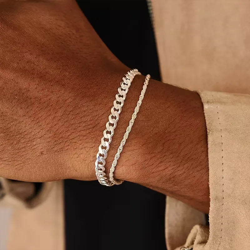 Bracciale Uomo Catena Cubana &amp; Corda – Set Sovrapposto in Metallo Lucido