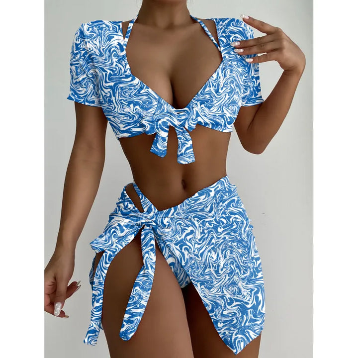 Damen Zweiteiler aus Rippstoff – Gebundenes Crop-Top & Wickelrock im Resort-Stil