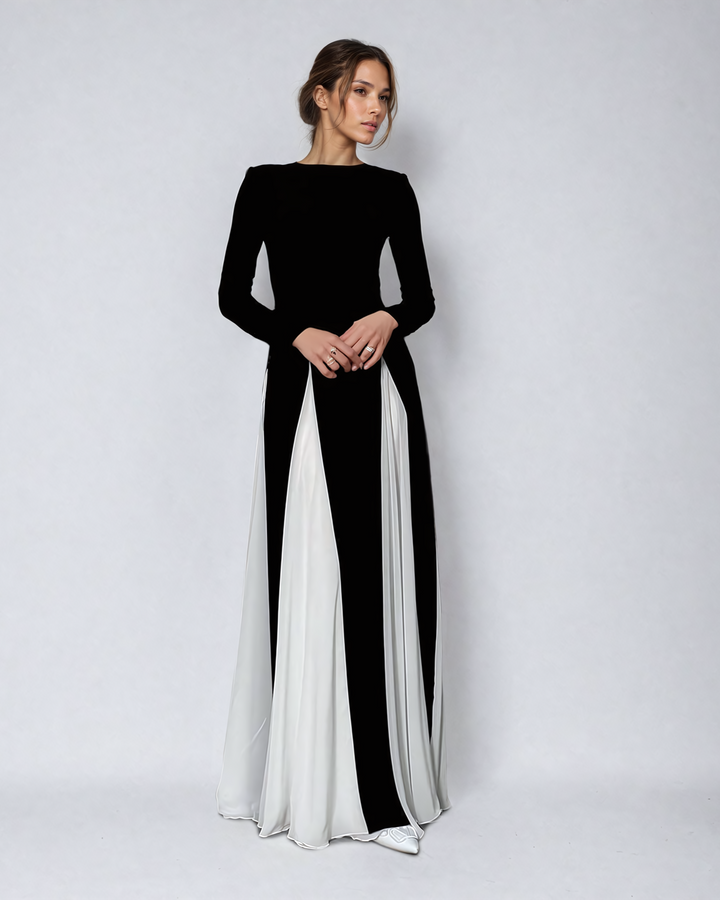 Langes, strukturiertes Damenkleid mit langen Ärmeln – Taillierter Schnitt im Abendstil