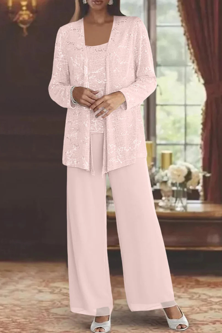 Completo Donna Tre Pezzi con Paillettes e Pizzo – Pantaloni Larghi