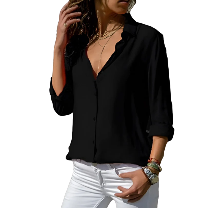 Women's Flowing Shirt – Elegant V-Neck and Long Buttoned Sleeves