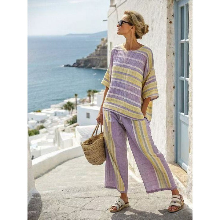 Claire Mode | Completo pantaloni donna due pezzi stampato in tessuto intrecciato