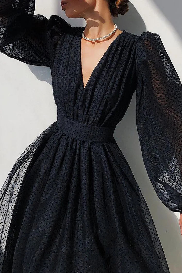 Vestito Donna Portafoglio Midi a Pois – Maniche a Sbuffo e Scollo a V
