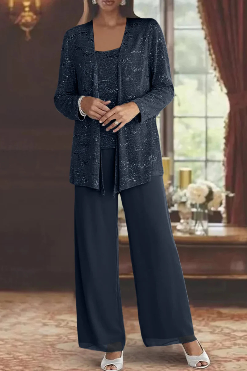 Completo Donna Tre Pezzi con Paillettes e Pizzo – Pantaloni Larghi
