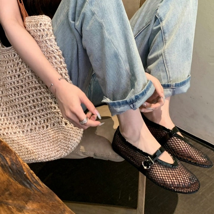 Women's Breathable Mesh Ballet Flats – Round Toe and Flat Buckle Strap