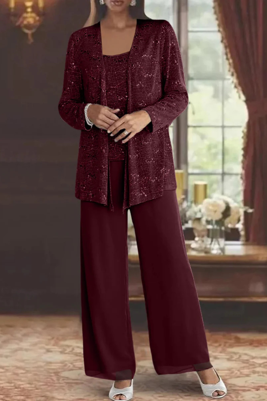 Completo Donna Tre Pezzi con Paillettes e Pizzo – Pantaloni Larghi