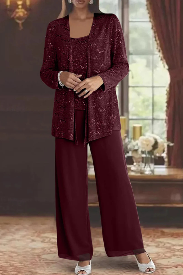 Completo Donna Tre Pezzi con Paillettes e Pizzo – Pantaloni Larghi