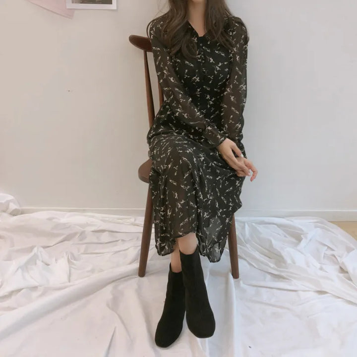 Robe Femme Longue Manches Longues à Fleurs – Col Officier et Boutonnage