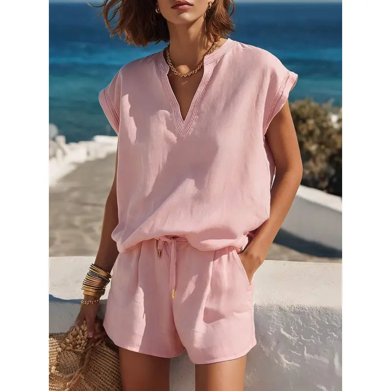 Completo Due Pezzi Donna con Maniche Corte e Scollo a V – Coordinato Corto Casual
