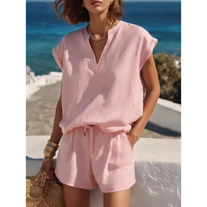 Completo Due Pezzi Donna con Maniche Corte e Scollo a V – Coordinato Corto Casual