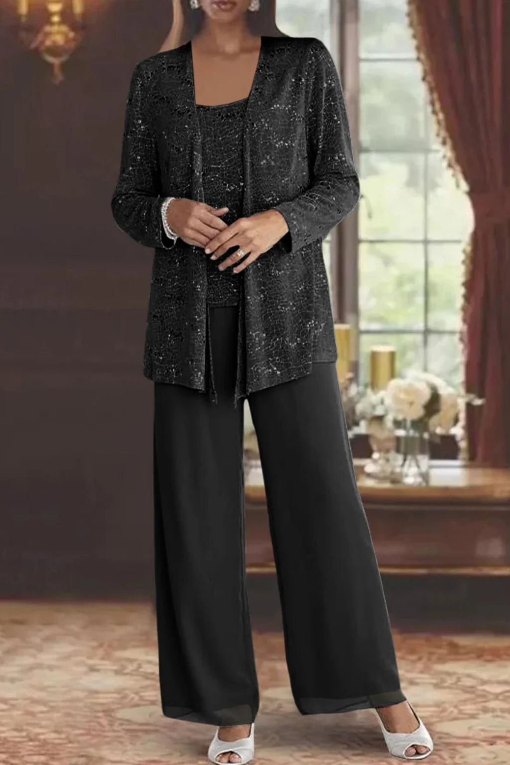 Completo Donna Tre Pezzi con Paillettes e Pizzo – Pantaloni Larghi