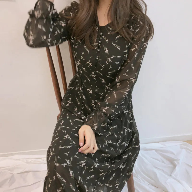 Robe Femme Longue Manches Longues à Fleurs – Col Officier et Boutonnage
