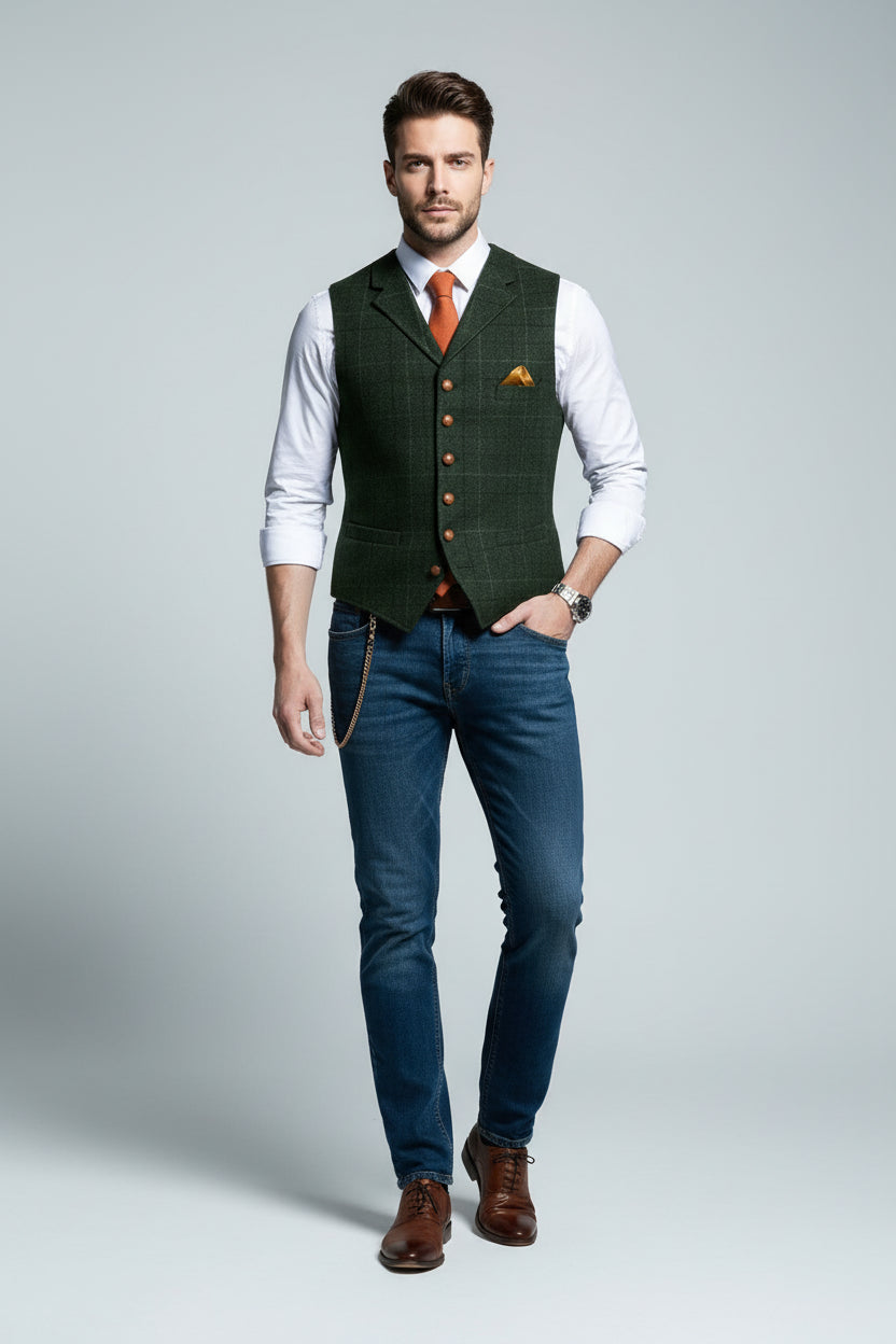 Gilet Homme Slim à Carreaux – Col à Revers Élégant