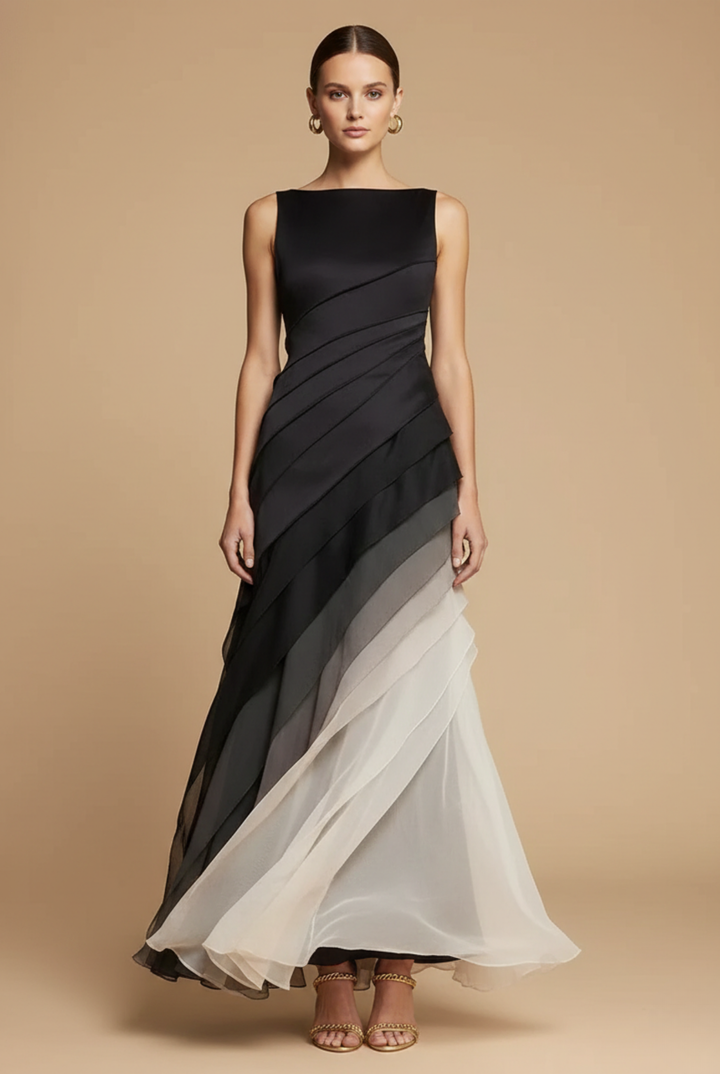 Maxikleid für Damen aus Chiffon mit Farbverlauf – Asymmetrischer, geschichteter Schnitt, ärmellos
