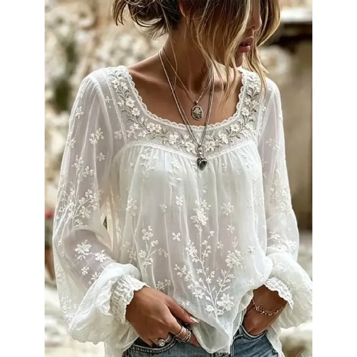 Damenbluse aus Leinenmischung – florale Stickerei, lockerer Schnitt