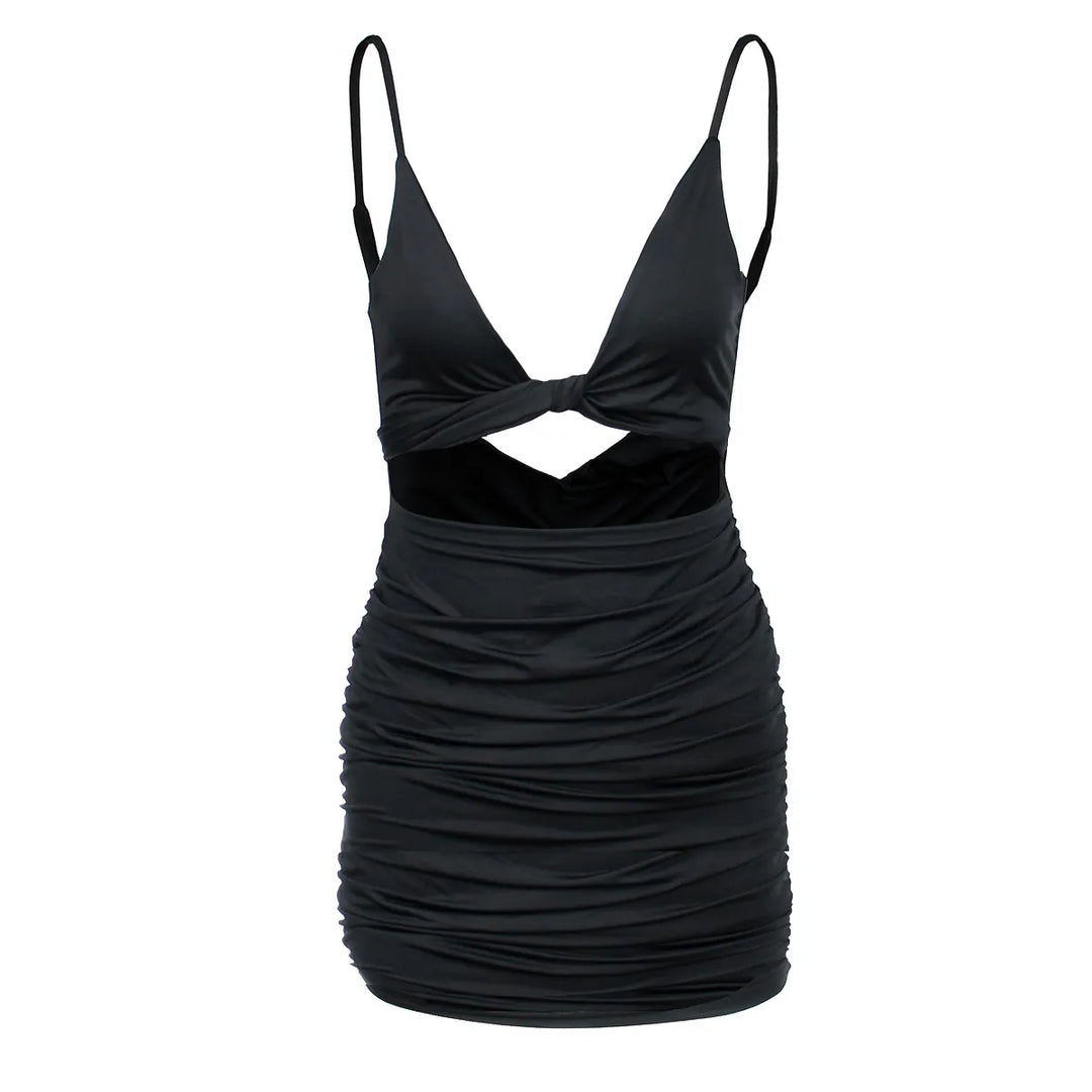 Robe Courte Femme Moulante – Col V Torsadé et Découpe à la Taille