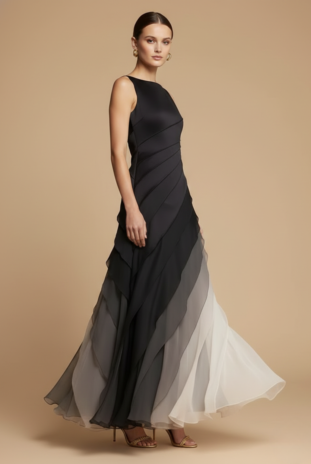 Maxikleid für Damen aus Chiffon mit Farbverlauf – Asymmetrischer, geschichteter Schnitt, ärmellos