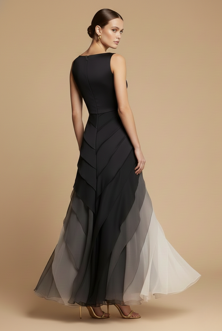 Maxikleid für Damen aus Chiffon mit Farbverlauf – Asymmetrischer, geschichteter Schnitt, ärmellos