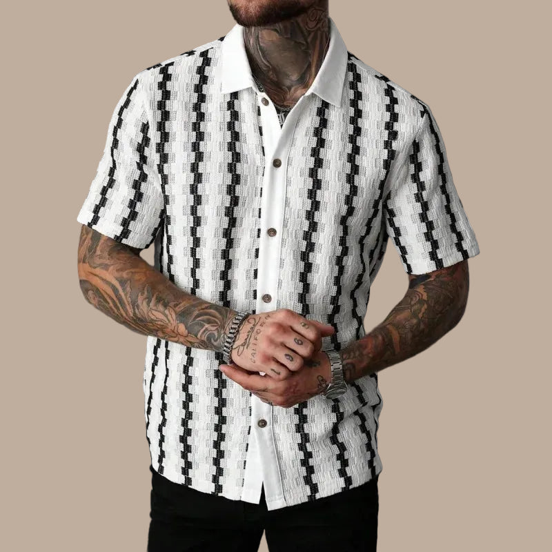 Men's Short Sleeve Shirt with Geometric Stripes – Structured Textured Fabric