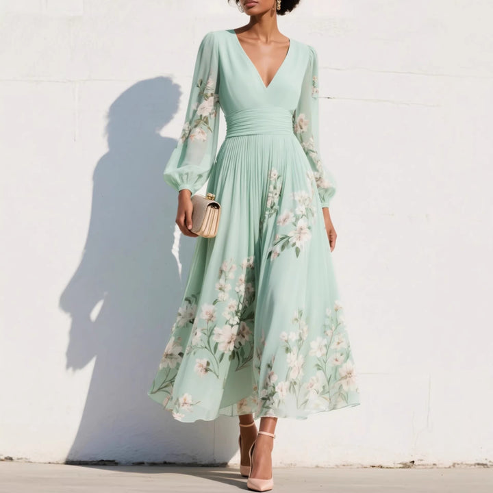 Damen Maxikleid aus Chiffon – Lange Ärmel Ausgestellter, plissierter Schnitt