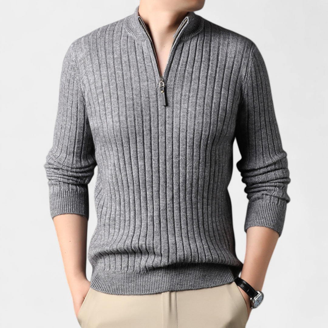 Maglione uomo con zip a un quarto in maglia a righe – raffinato, aderente, silhouette quotidiana